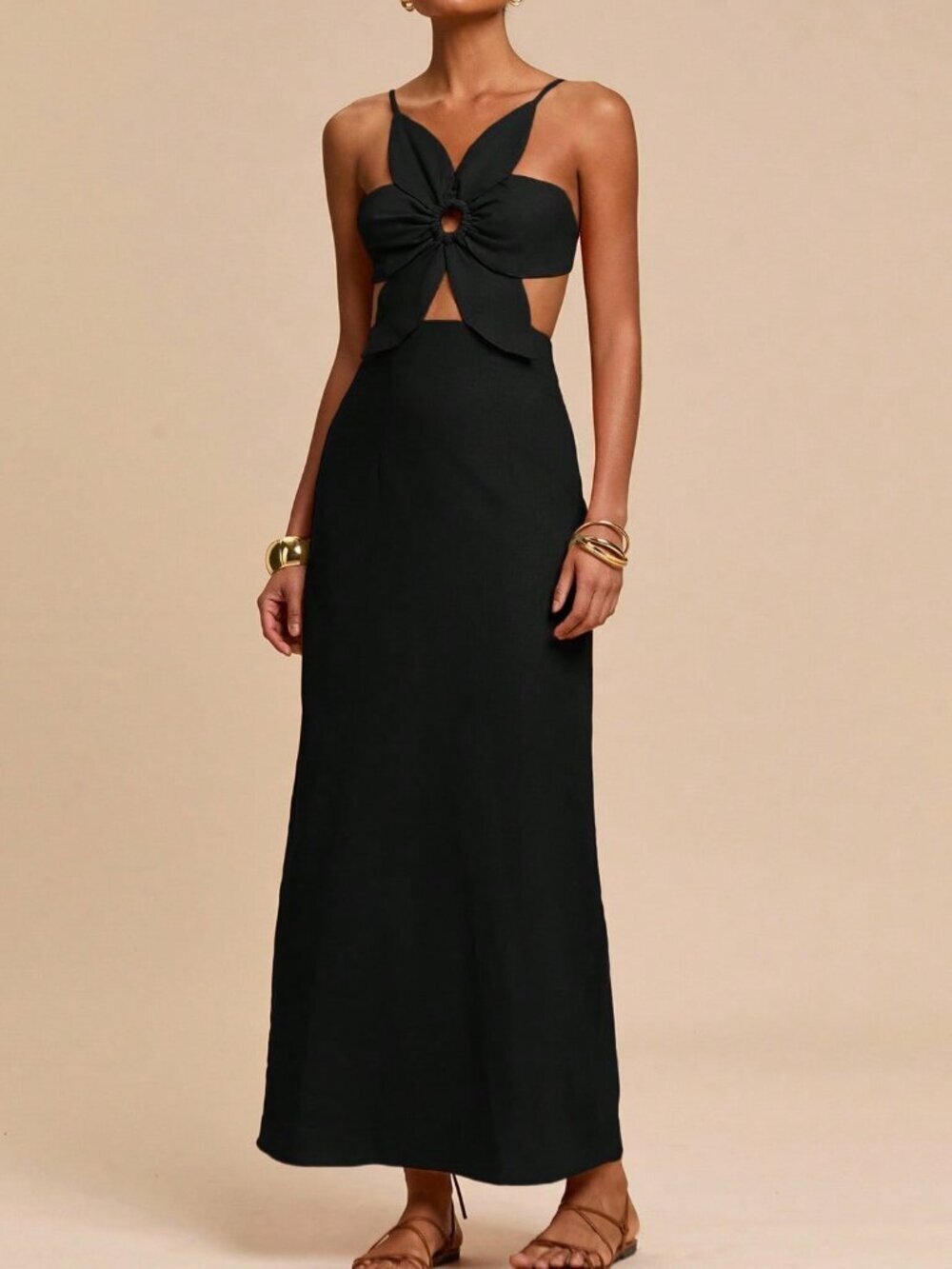 Black Elegant Women's Backless Floral Dress with Cut-Out Tie Detail